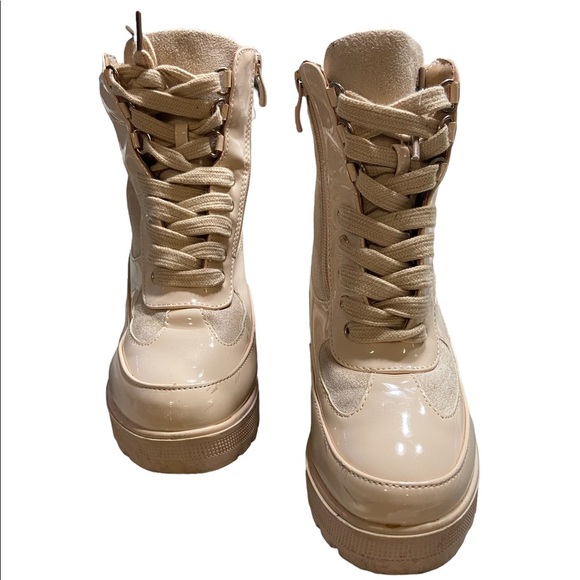 Womens Ankle boots chunky heel lace up combat boots size 5.5  nude - Picture 2 of 8